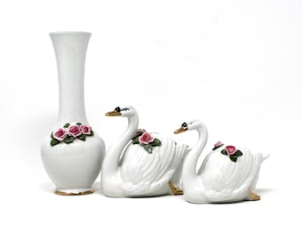 Vases / Planters, Dresden Style Swans & Bud Vases, Hand Applied Pink Roses, Vintage