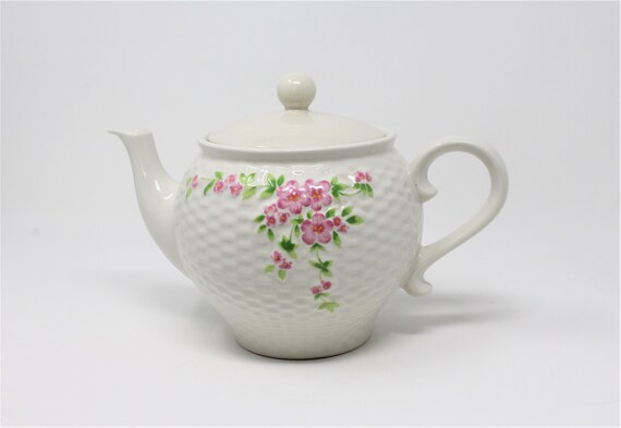 Vintage Teapot, "A Teleflora Gift" Pink Flowers / White Basketweave, Japan, 1985