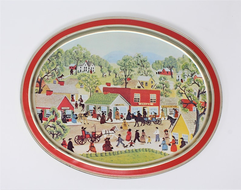Set of 2 Sunshine Biscuits Tin Trays Melvin Bolstad Holiday Parade and Shopping on Main Street Vintage