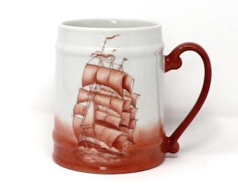 Beer Mug, Vintage Pottery, Schooner Ship, Hand Painted, Nautical, Coastal