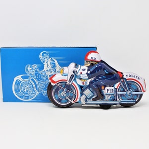 Toy, Friction Police Motorcycle in Original Box, Tin Litho, NOS, Vintage