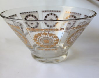 Vintage Large Serving Bowl, Mid-Century Modern Glass, Gold English Crown and Shields Pattern