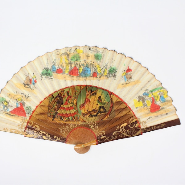 Vintage Spanish Fan, Flamenco Dancers / Bull Fighters, Hand Painted Wood