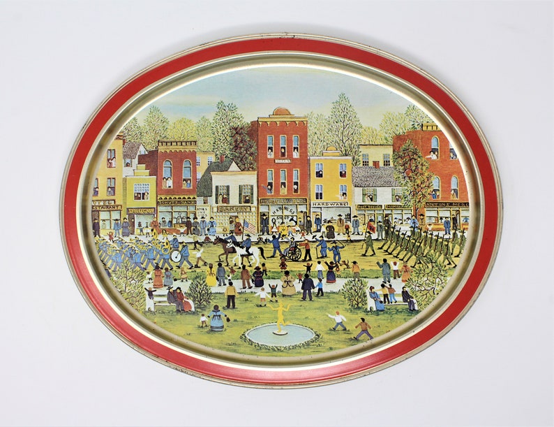 Set of 2 Sunshine Biscuits Tin Trays Melvin Bolstad Holiday Parade and Shopping on Main Street Vintage