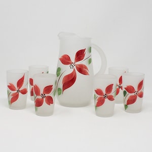 Vintage Gay Fad Hand Painted Pitcher & Glasses Set. Frosted Glass, Red Flowers, Set of 7