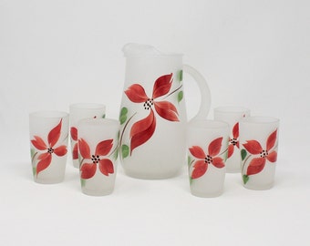 Vintage Gay Fad Hand Painted Pitcher & Glasses Set. Frosted Glass, Red Flowers, Set of 7