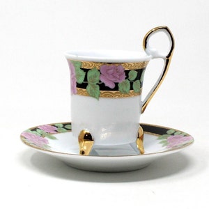 Demitasse & Saucer, GNA, Pink Roses with Black Border, Italian Porcelain, Vintage