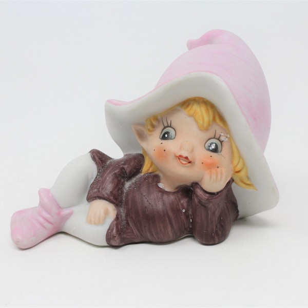 Vintage Figurine, Pixie / Elf, Pink and Purple, 5213 Bisque Porcelain, HomCo