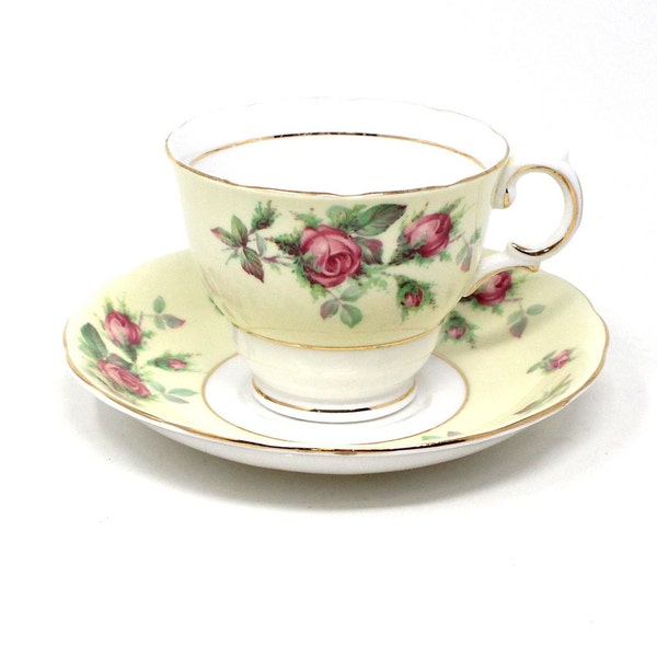 Vintage Teacup and Saucer, Crown Essex, 6734 Bone China, Pink Roses on Light Yellow Band