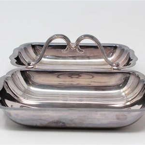 May include: A silver serving tray with two sections and a decorative handle. The tray has a scalloped edge and a smooth, shiny finish.