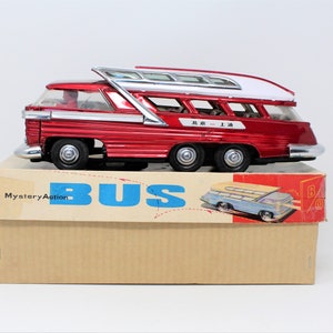 Vintage Toy Bus, Red Tin Litho Bus ME083, Original Box, Battery, Red China