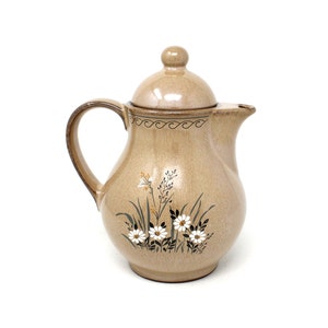 May include: A brown ceramic teapot with a floral design. The teapot has a lid and a handle. The floral design features white flowers and green leaves.