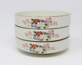 Vintage Japanese Soup Bowls, Lotus Flowers, Set of 3, Suimonowan style by Sone China