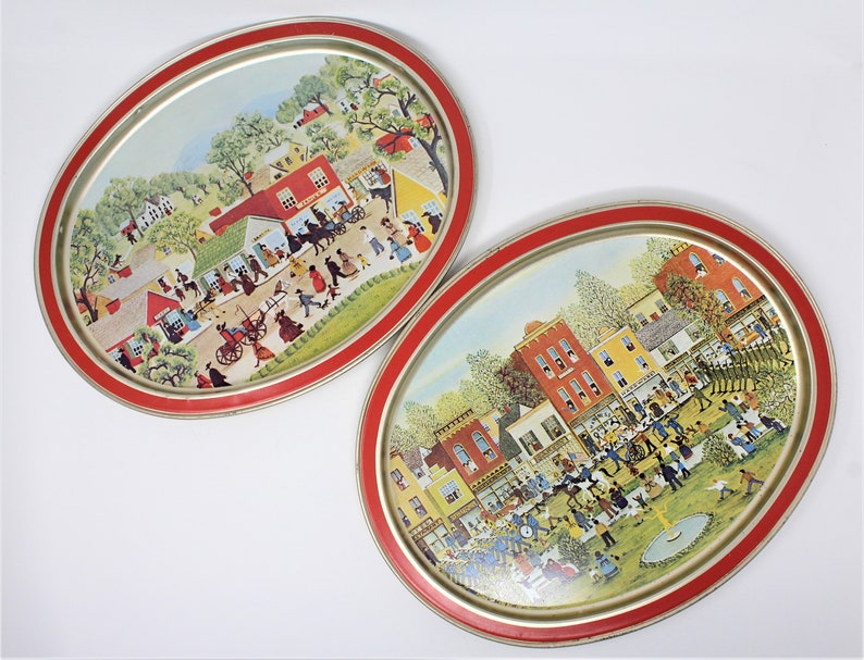 Set of 2 Sunshine Biscuits Tin Trays Melvin Bolstad Holiday Parade and Shopping on Main Street Vintage