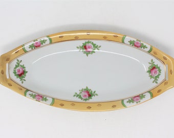 Vintage Celery Dish, Hand Painted, Pink Roses Yellow Border, Porcelain, Japan