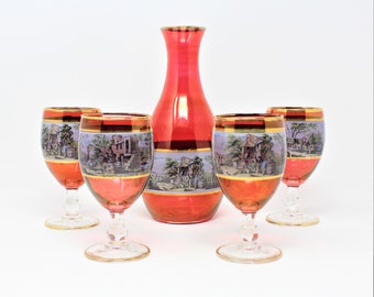 Vintage Glass Decanter & Stemmed Glasses, Fine Italian Glassware, Cranberry Glass, Renaissance Scene, 5 Pcs