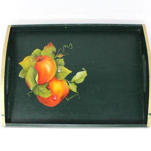 Hand Painted Wood Tray with Apples, Signed, Vintage