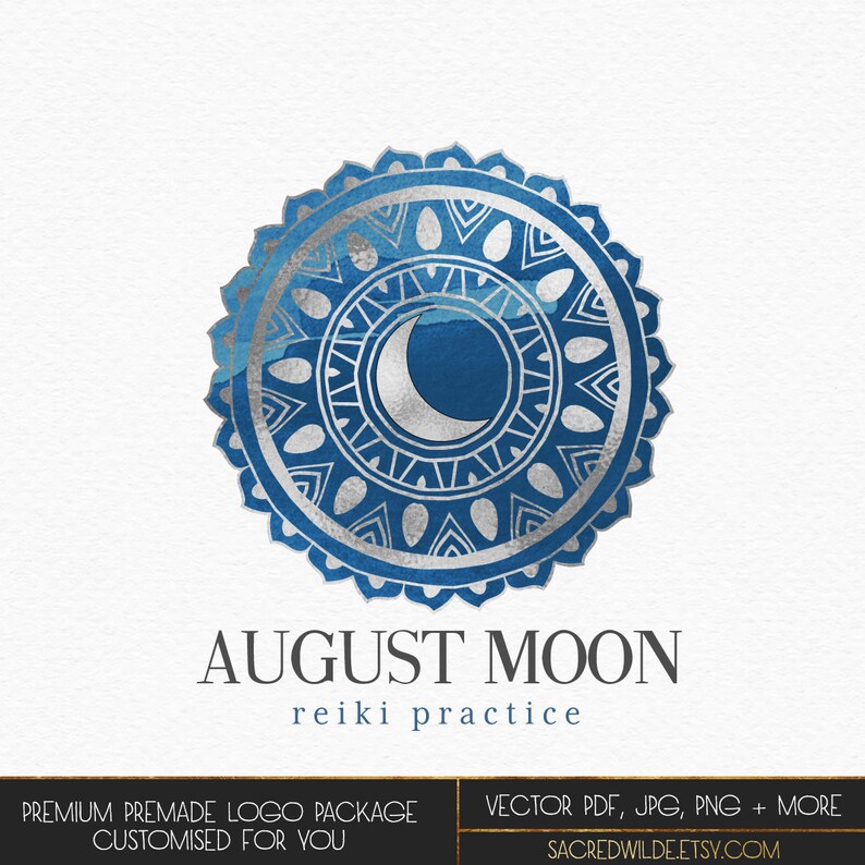Silver Moon Mandala Logo Moon Logo Bohemian Logo Blue Etsy