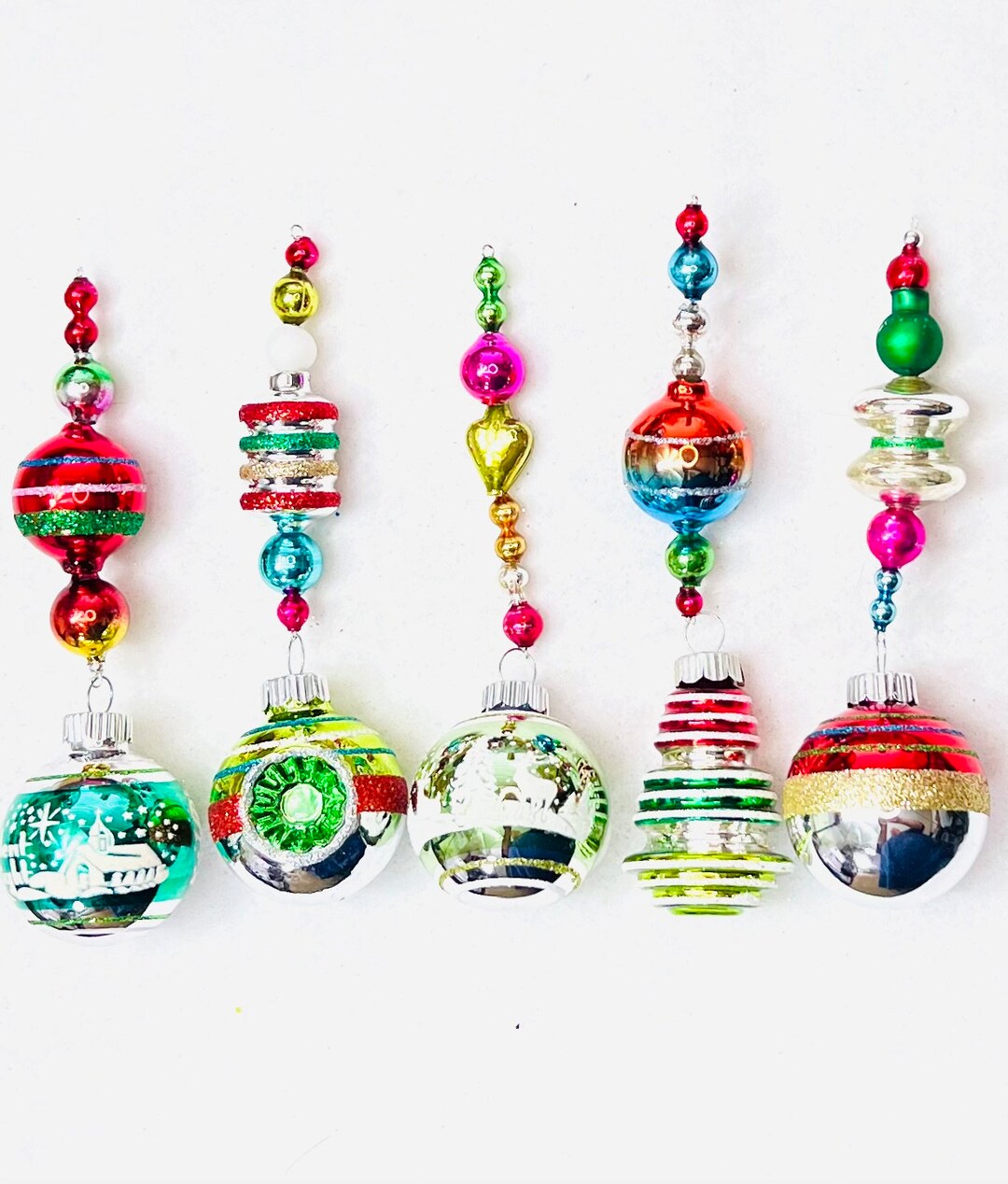 5 Vintage Mercury Glass Ornaments Christmas Icicles Christopher Radko