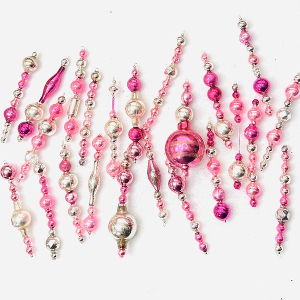 23 PINK & SILVER Vintage Victorian Christmas Ornaments Mercury Glass Icicles Garland Shabby Chic #4