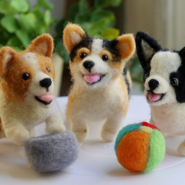 The Welsh Corgi Dog Needle Felting Kit - with dog bowl & toy ball -Holiday Gift/ Ornament- Detailed Photographs Instruction -for beginner