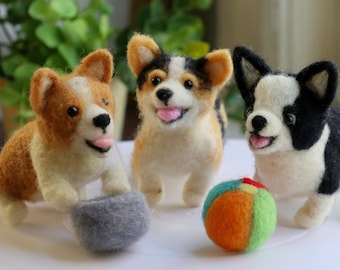 The Welsh Corgi Dog Needle Felting Kit - with dog bowl & toy ball -Holiday Gift/ Ornament- Detailed Photographs Instruction -for beginner