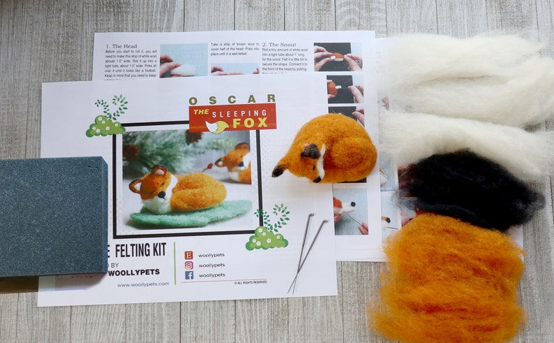 The Sleeping Red Fox Needle Felting Kit VideoTutorial Holiday Gift/Ornament-Detailed Photographs Instruction Felting kit for Beginner Complete Kit