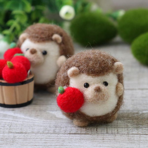 Kit de feutrage à l'aiguille Hérisson avec pomme : cours de photo détaillés sur les décorations de Noël pour débutants