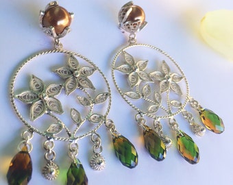 Sterling Drop Flower Earrings.Dangle earrings. Flower earrings. Filigree earrings. Pearl earrings. Gift Ideas Silver earrings.Cute earrings