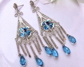 Chandelier Earrings.Sterling Silver Filigree Earrings. Sterling Drop earrings. Aquamarine  Elegant earrings. Graduation gift. Gift ideas.