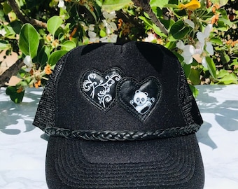 Hand Painted Panda Hat.bear, Hearts & Florals Hat.leather  display picture 3