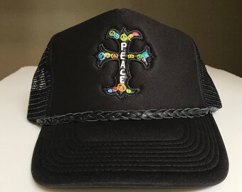 Peace Cap Hat. Peace Trucker Hat. Peace leather patch cap. Handpainted Trucker cap. Patches Mesh Back Cap. Adjustable Hat.Embroidery Cap.Cap