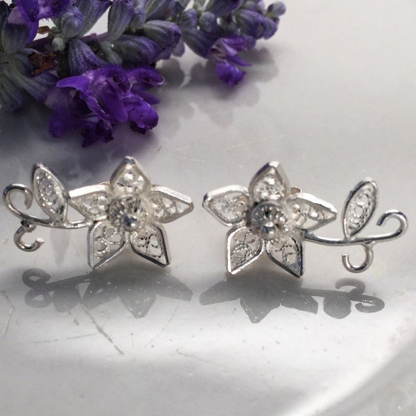 Sterling silver small earrings. Flower post earrings. Ear Climbers. Silver ear cuff earrings. Silver ear crawlers. Leaf ear vine crawler