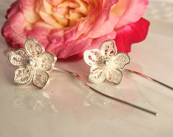 Small flower earrings. Long Stem Silver Earrings. Sterling silver post earrings. Flower Earrings Post Earrings. Handmade Drop dangle earring