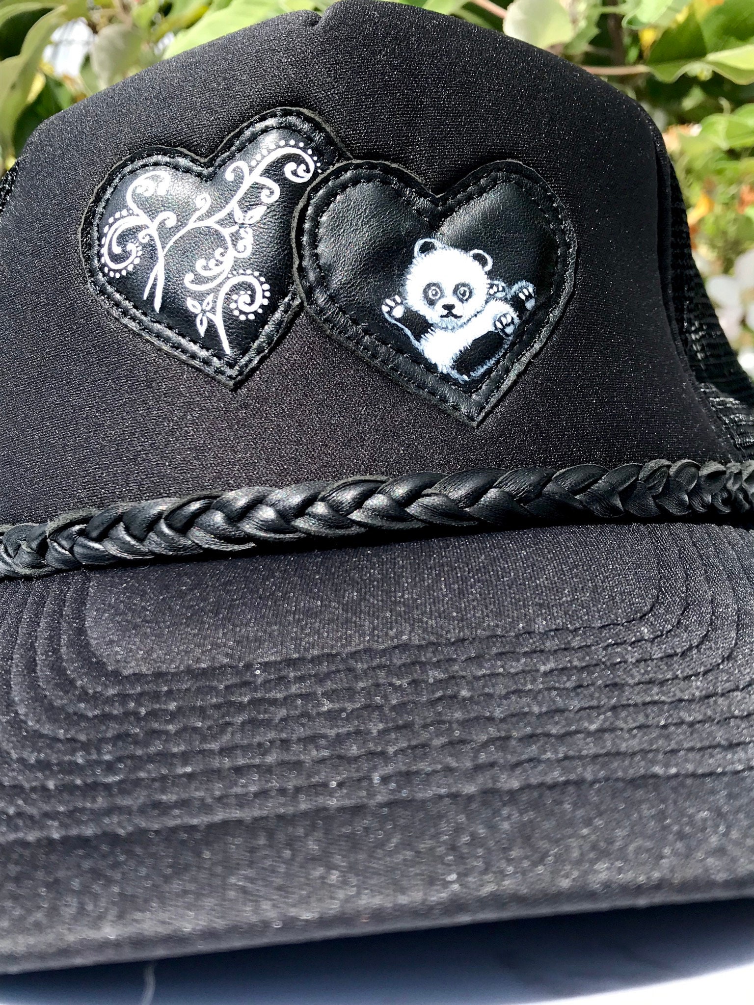 Hand Painted Panda Hat.bear, Hearts & Florals Hat.leather 