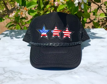 The USA flag cap hat. Stars cap hat.Hand painted trucker hat.Leather Patch cap hat. Patches Meshback Cap. Adjustable Hat. Fourth of July cap
