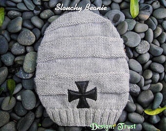 Slouchy beanie soft and warm. Gray Wool Beanie. Slouchy with leather patch. Beanie hat. Cross beanie. Unisex knitted beanie. Beanie