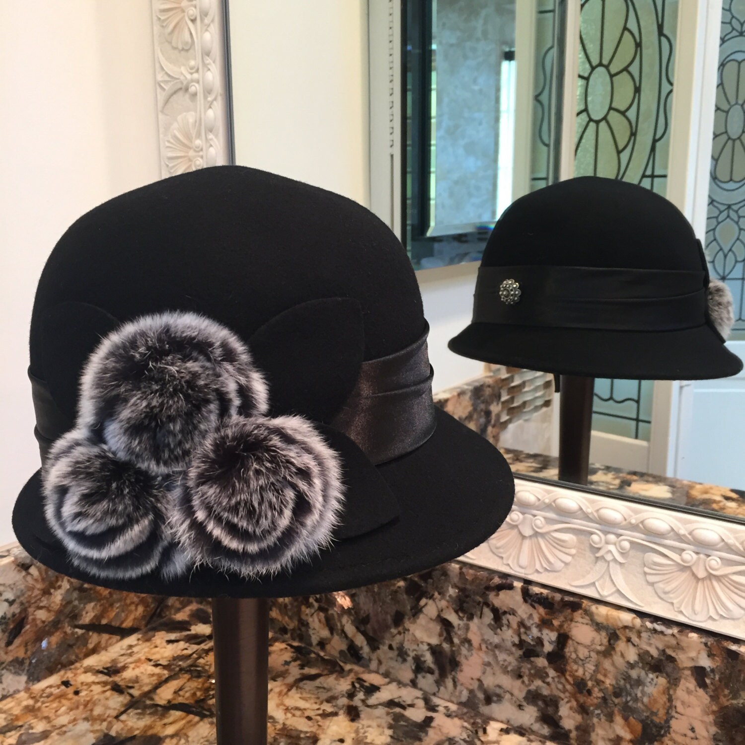 Black Cloche With Sterling Silver Button and Rabbit Fur  display picture 2