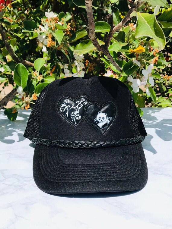 Hand Painted Panda Hat.bear, Hearts & Florals Hat.leather  display picture 1