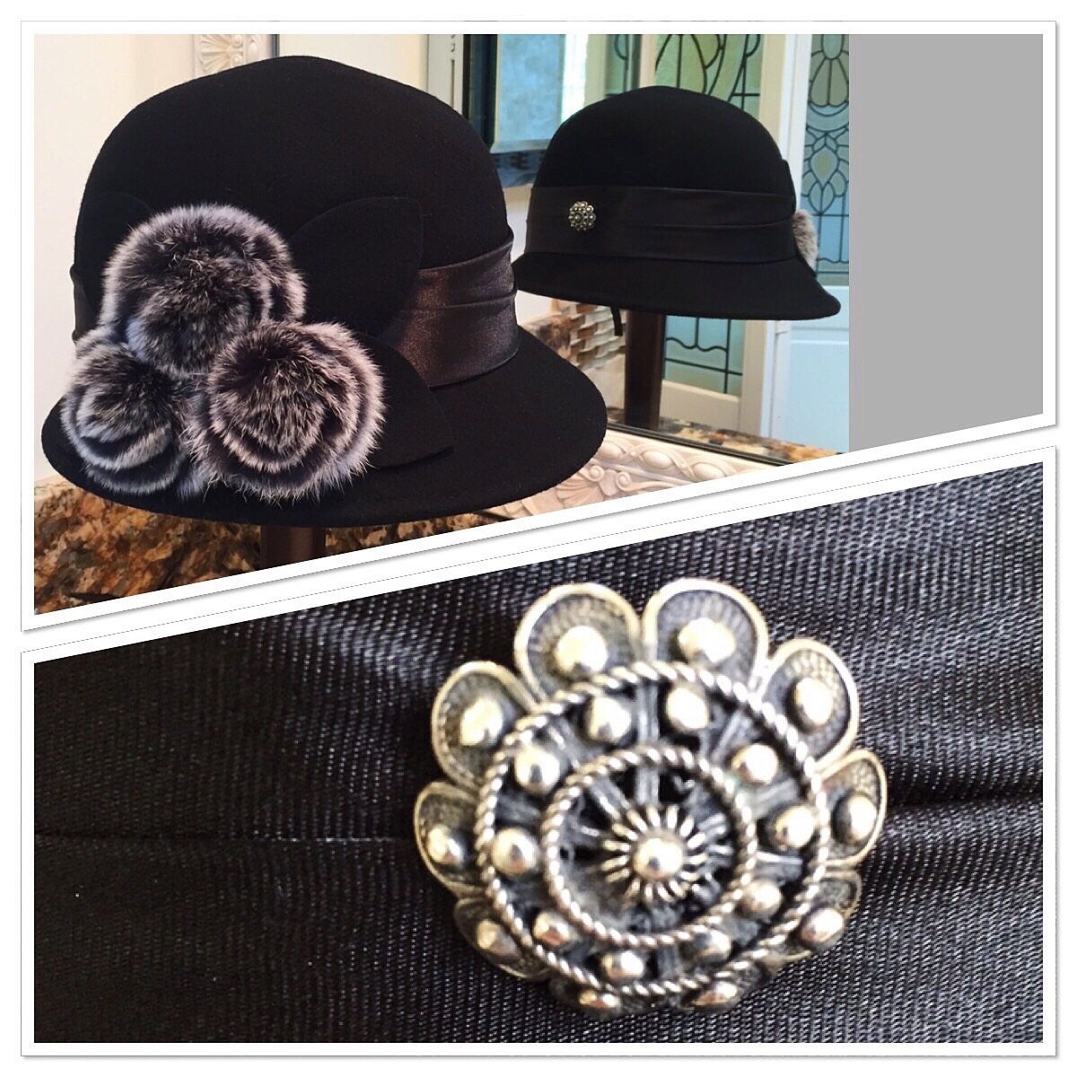 Black Cloche With Sterling Silver Button and Rabbit Fur 