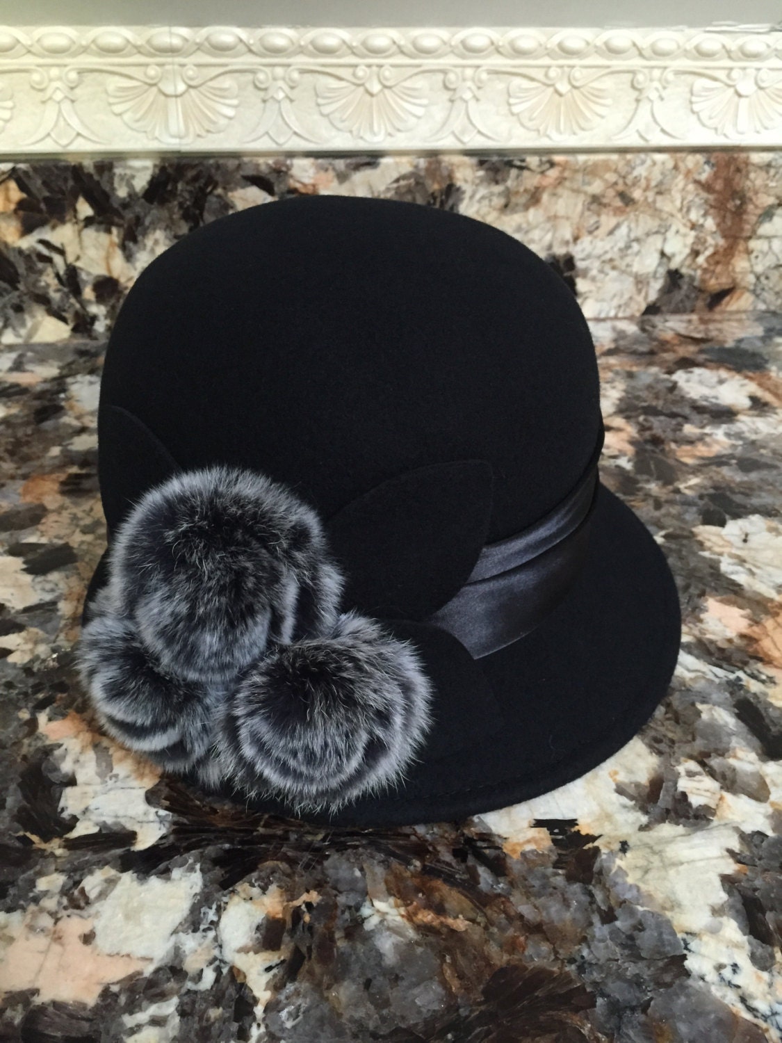 Black Cloche With Sterling Silver Button and Rabbit Fur  display picture 2