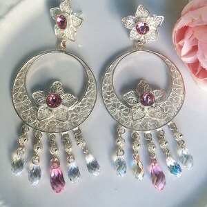 Pink Cristal Drop earrings and silver Filigree. Silver earrings. Earring.Sterling chandelier earrings.Silver Dangle earrings.Flower earrings