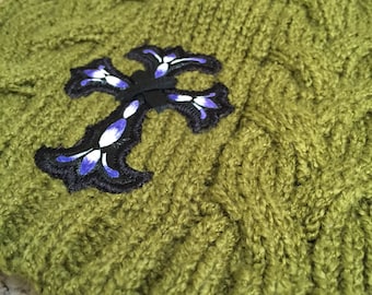Beanie with leather patch blue violet Handpainted cross. Beanie hat  Soft Beanie Hat. Warm Beanie. Warm Hat. Style Beanie. Handmade Beanie