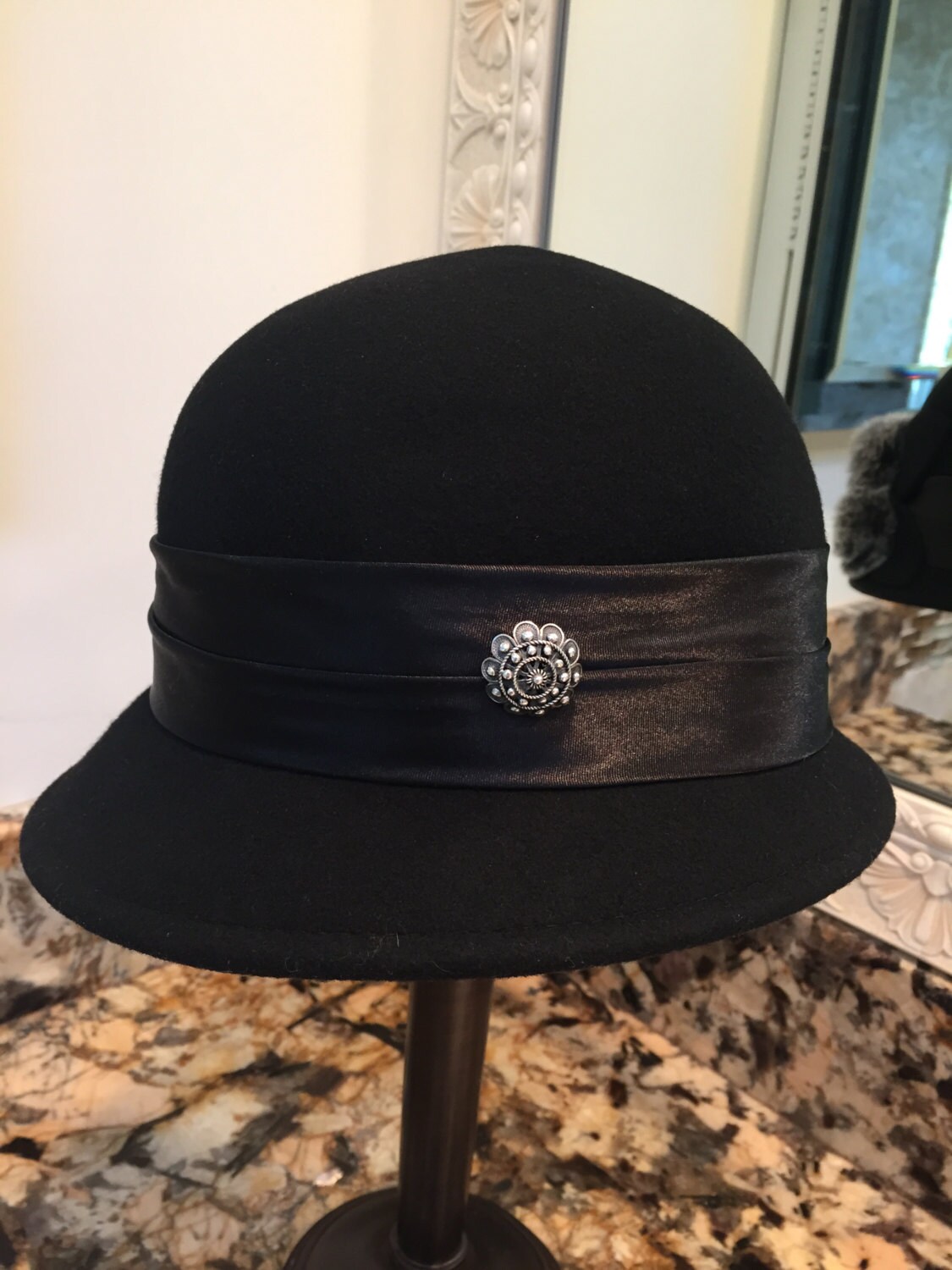 Brand new MB Rabbit Cloche black hat Black Cloche With Sterling Silver Button and Rabbit Fur  main image 4