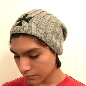 long beanie very warm. Embroidery beanie hat. Soft beanie. Hand knit beanie. Hand made beanie. Cozy beanie. Grey beanie. Unisex beanie. Hat