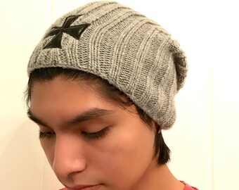 long beanie very warm. Embroidery beanie hat. Soft beanie. Hand knit beanie. Hand made beanie. Cozy beanie. Grey beanie. Unisex beanie. Hat