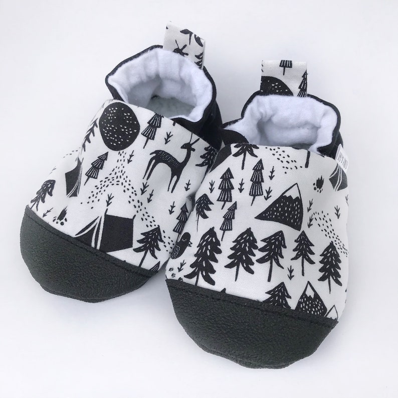 Woodland Baby Shoes, Monochrome Baby Slippers, Soft Sole Baby Shoes, Camping Baby Shoes, Baby Moccs, Baby Moccasins, Baby Booties,Vegan baby image 7