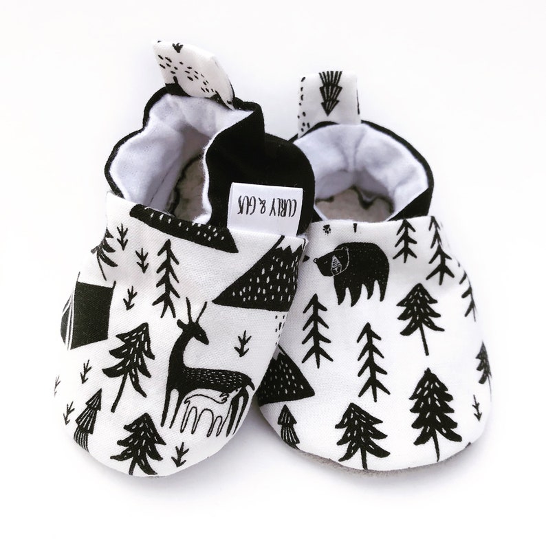 Woodland Baby Shoes, Monochrome Baby Slippers, Soft Sole Baby Shoes, Camping Baby Shoes, Baby Moccs, Baby Moccasins, Baby Booties,Vegan baby image 1