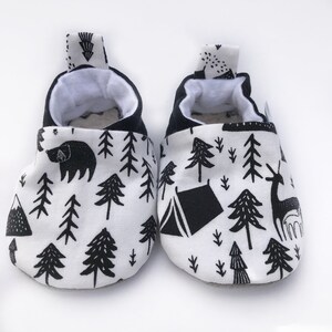 Woodland Baby Shoes, Monochrome Baby Slippers, Soft Sole Baby Shoes, Camping Baby Shoes, Baby Moccs, Baby Moccasins, Baby Booties,Vegan baby image 3