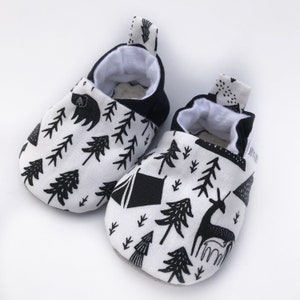 Woodland Baby Shoes, Monochrome Baby Slippers, Soft Sole Baby Shoes, Camping Baby Shoes, Baby Moccs, Baby Moccasins, Baby Booties,Vegan baby image 2